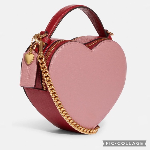 NWT COACH HEART CROSSBODY IN COLORBLOCK  LEATHER TOP HANDLE GOLD/TRUE PINK - Picture 3 of 14